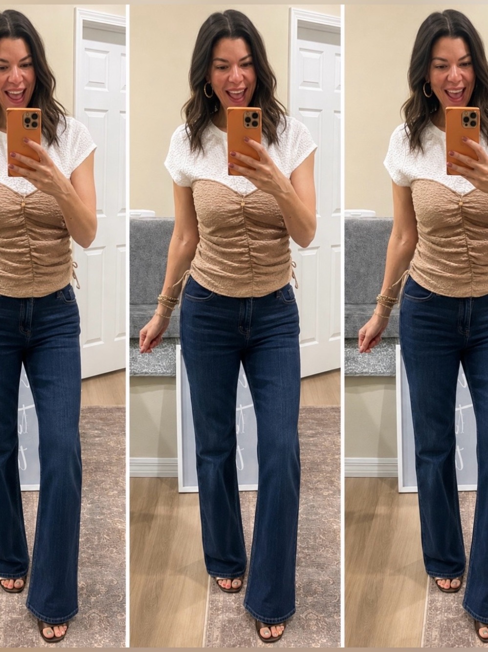NWT Anthropologie White & Tan Ruched Two-Tone Knit Top